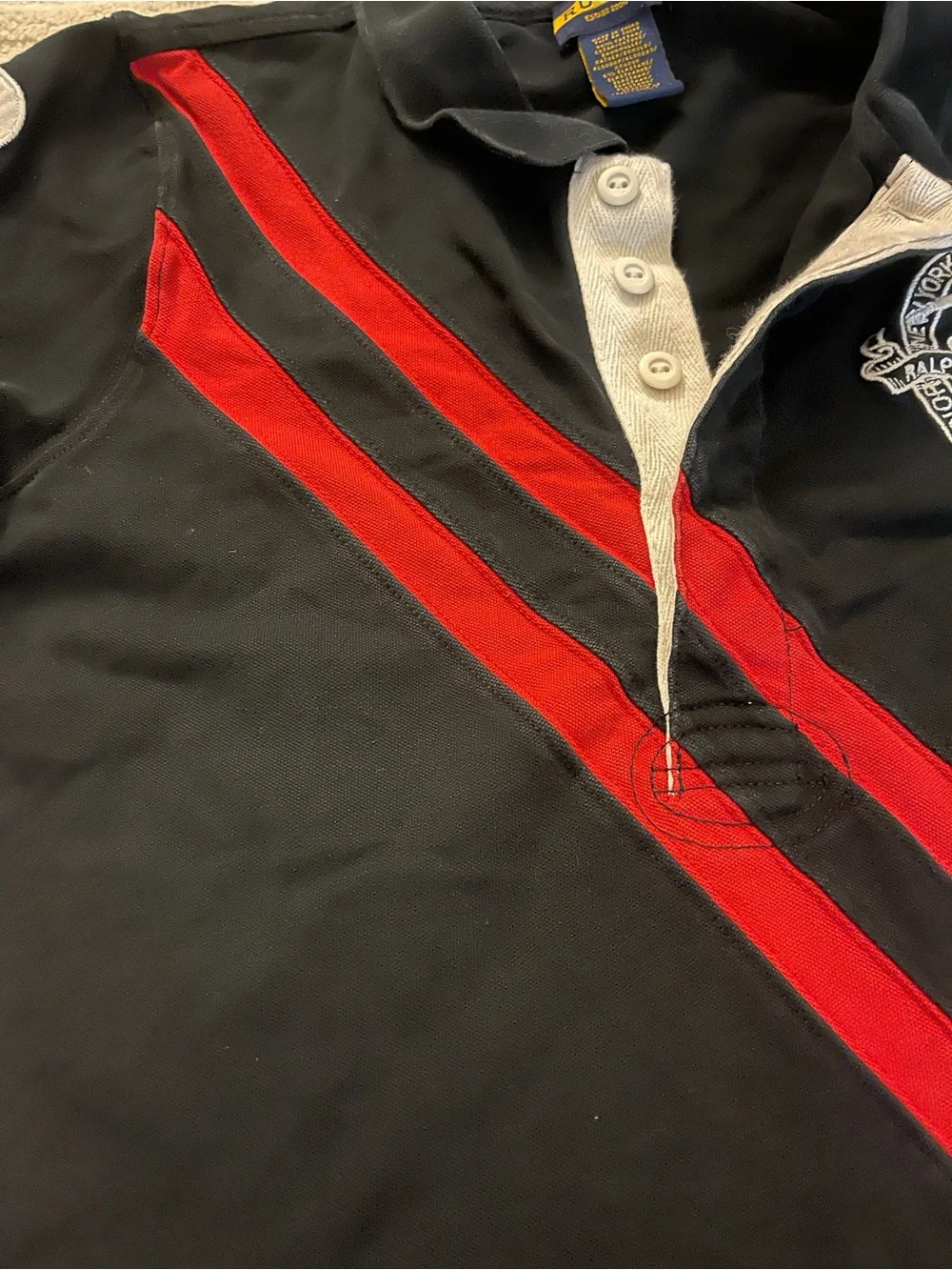 Ralph Lauren Black Polo with Red Diagonal Stripes and Crest